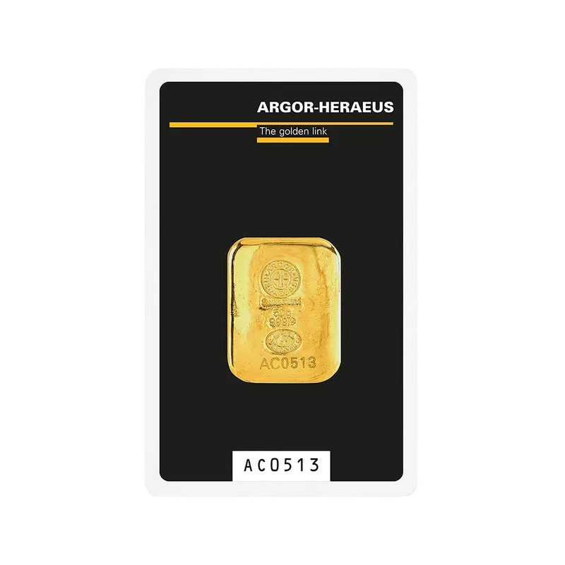 Zlatý slitek 50 g Argor Heraeus litý