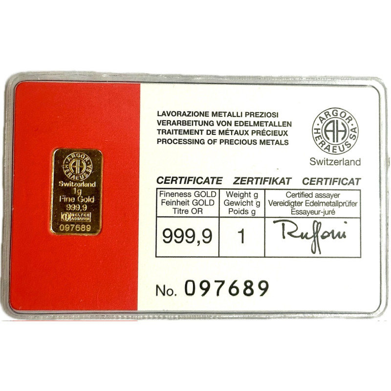 Zlatý slitek 1 g Argor Heraeus (v kartě)