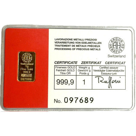 Zlatý slitek 1 g Argor Heraeus (v kartě)