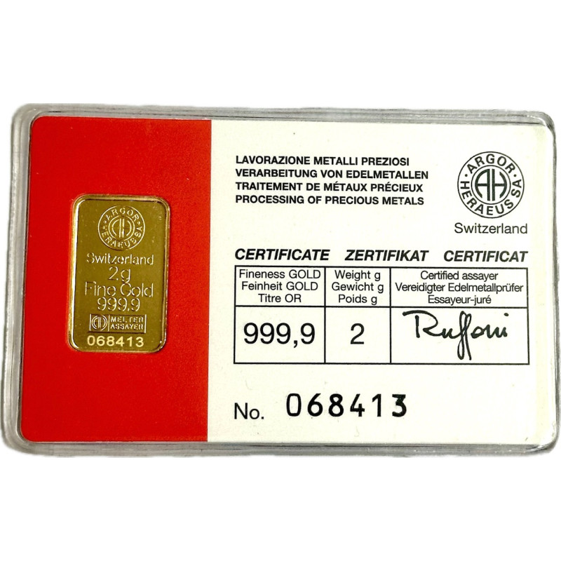 Zlatý slitek 2 g Argor Heraeus (v kartě)