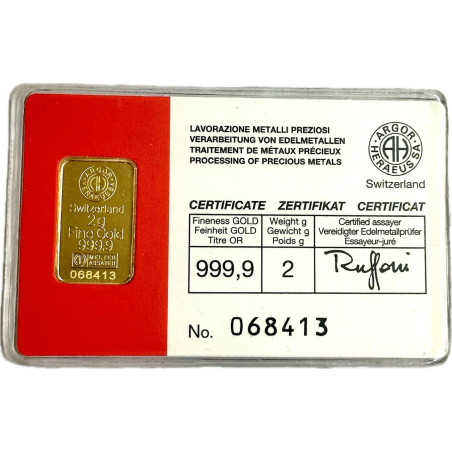 Zlatý slitek 2 g Argor Heraeus (v kartě)