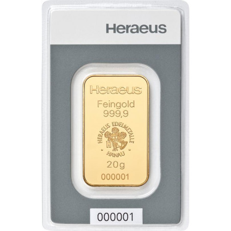 Zlatý slitek 20 g Heraeus