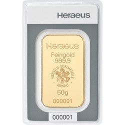 Zlatý slitek 50 g Heraeus