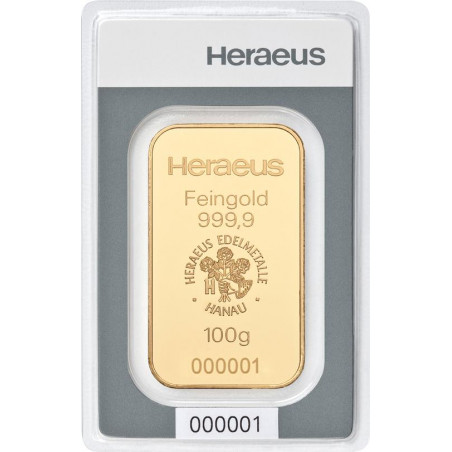 Zlatý slitek 100 g Heraeus