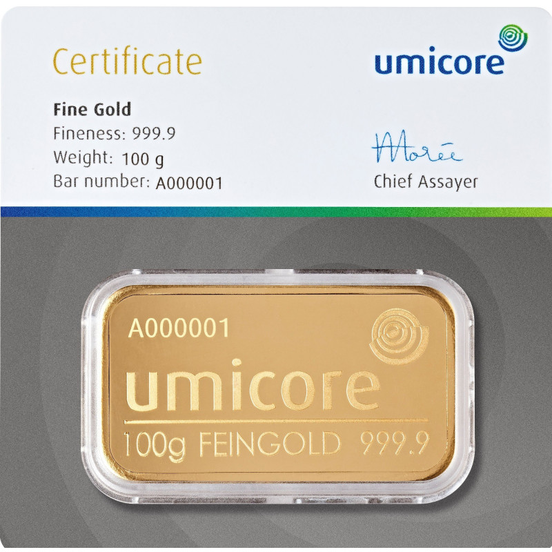 Zlatý slitek 100 g Umicore