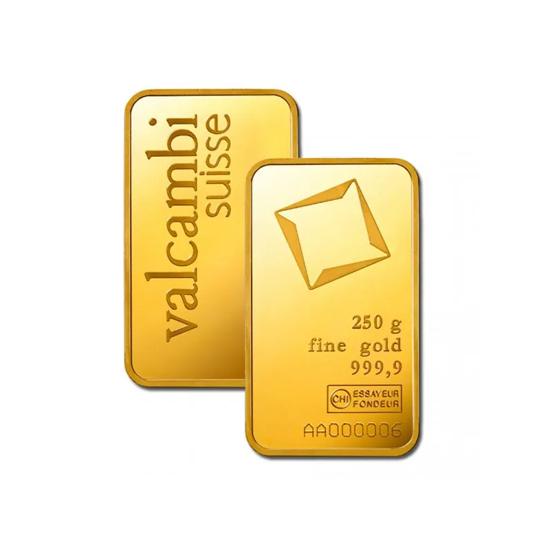 Zlatý slitek 250 g Valcambi ražený