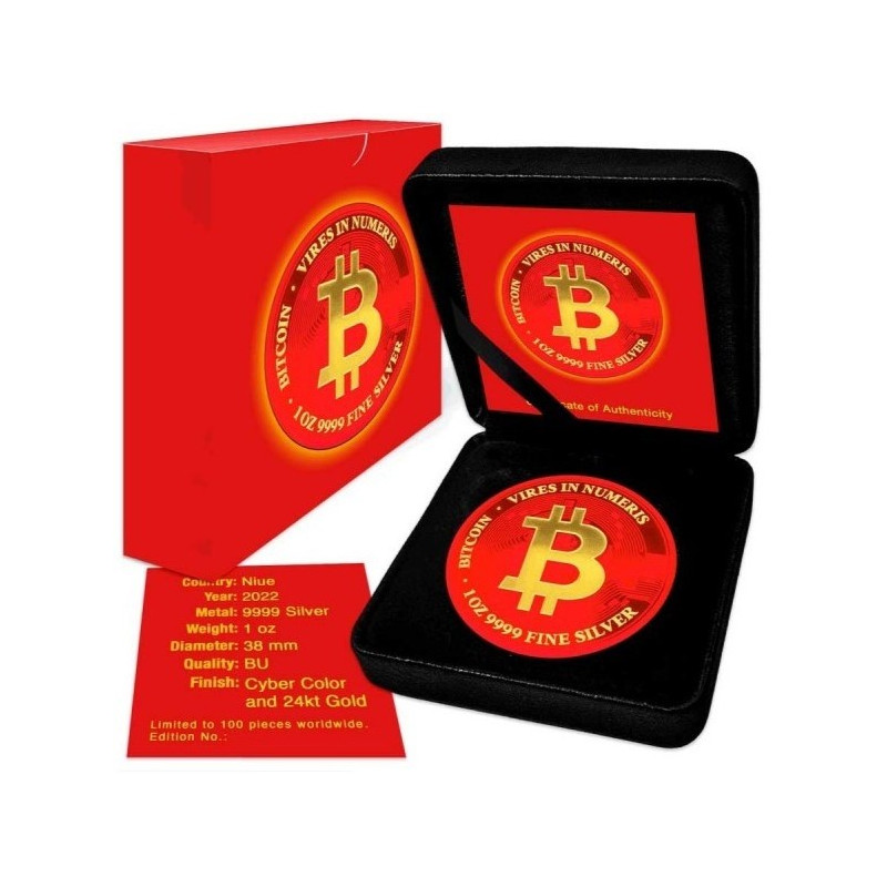 Stříbrná mince 1 Oz Red Space Bitcoin 2022 Kolorováno a Zlaceno