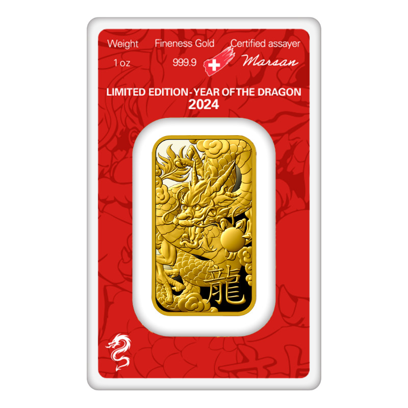 Zlatý slitek 1 Oz Argor Heraeus Lunar Series III Year of the Dragon 2024
