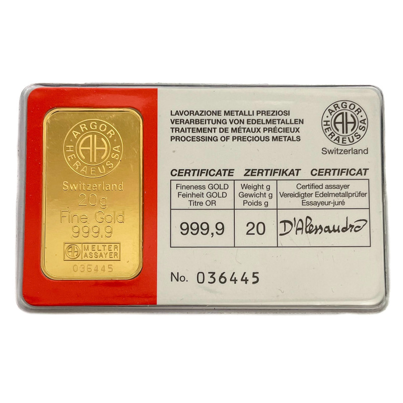 Zlatý slitek 20 g Argor Heraeus (v kartě)