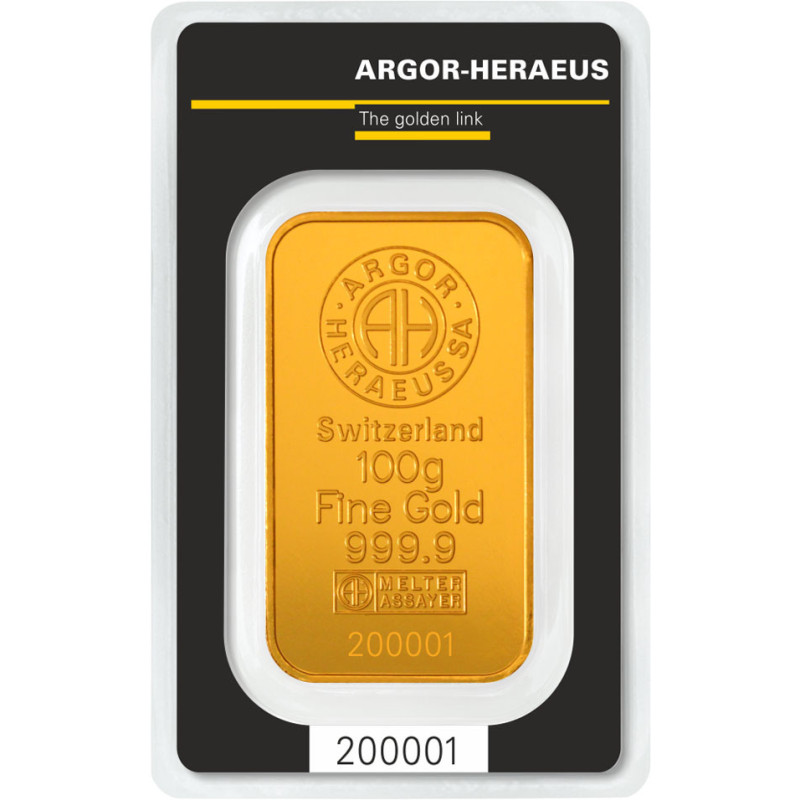 Zlatý slitek 100 g Argor Heraeus poškozený obal