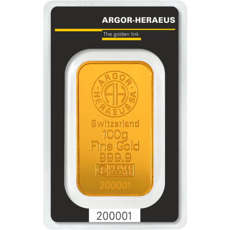 Zlatý slitek 100 g Argor Heraeus poškozený obal