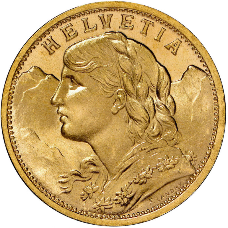 Zlatá mince 20 Frank Helvetia Vreneli různé roky (1883-1949)