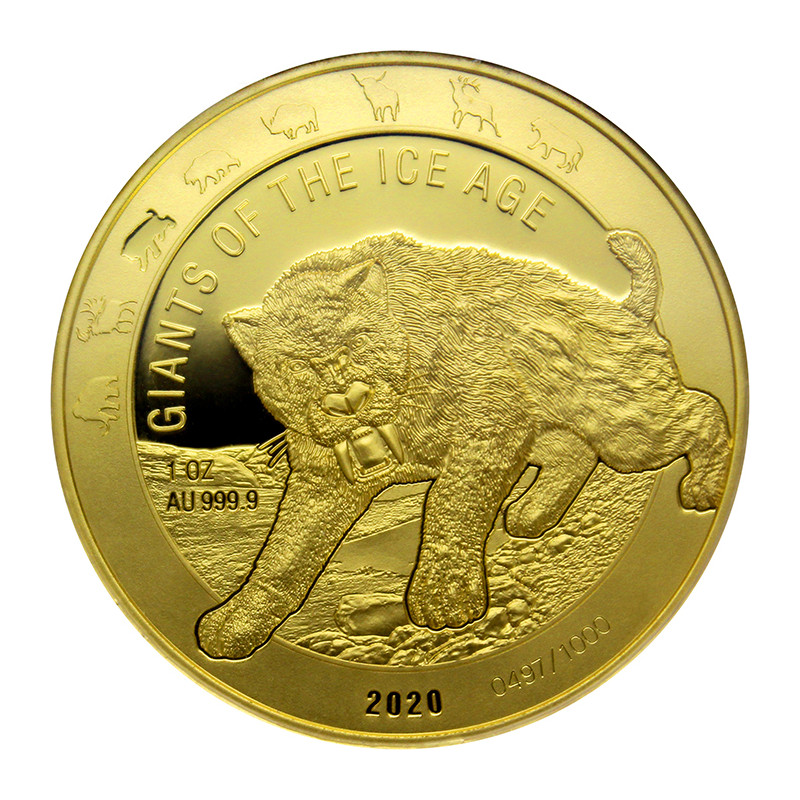 Zlatá mince 1 Oz Giants of the Ice Age Tygr Šavlozubý 2020