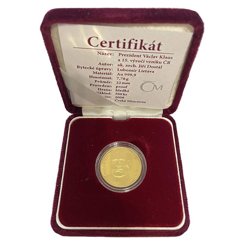 Zlatá medaile 1/4 Oz Prezident Václav Klaus a 15. výročí vzniku ČR 2008 Proof