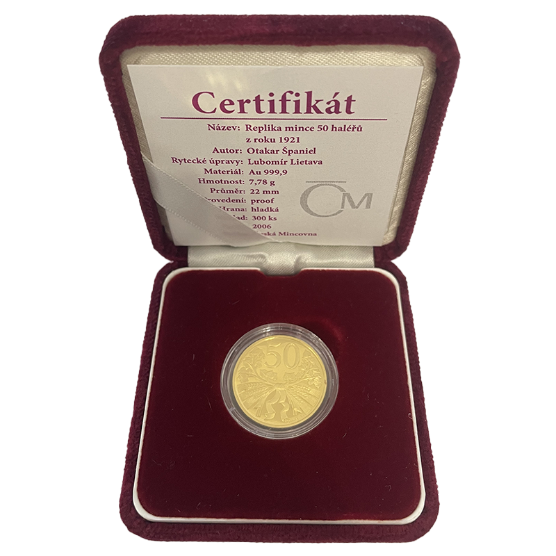 Zlatá medaile 1/4 Oz Replika mince 50 haléřů z roku 1921 2006 Proof