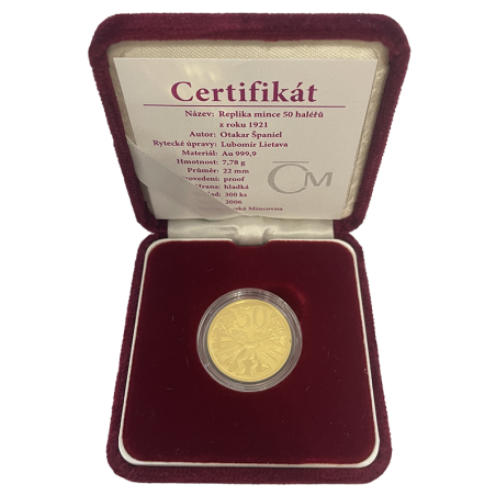 Zlatá medaile 1/4 Oz Replika mince 50 haléřů z roku 1921 2006 Proof