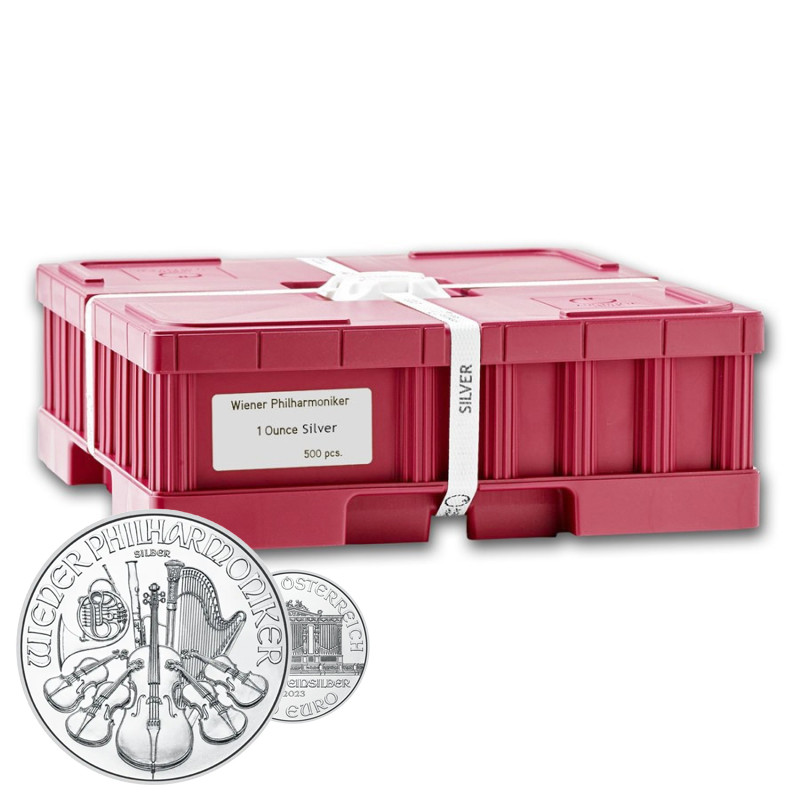 Box 500 x stříbrná mince 1 Oz Wiener Philharmoniker