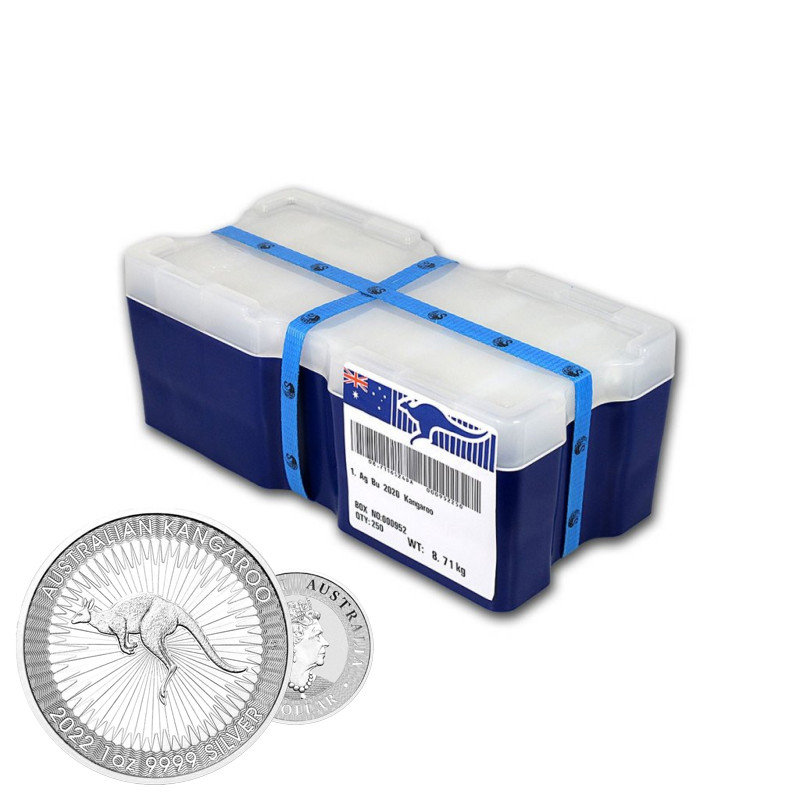 Box 250 x stříbrná mince 1 Oz Kangaroo