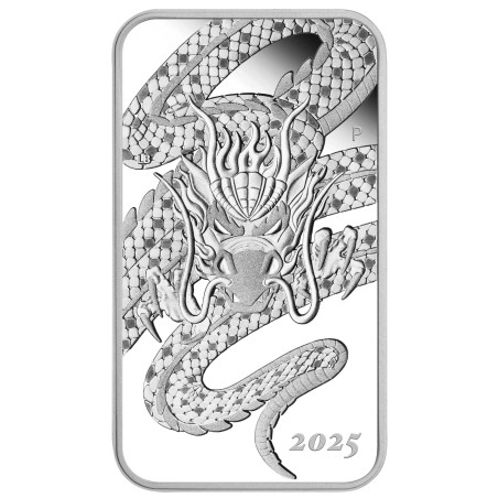 Stříbrná mince ve tvaru slitku 1 Oz Rectangular Dragon 2025 Proof