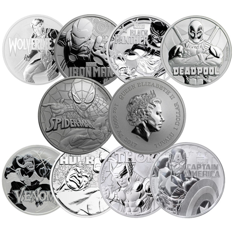 Sada stříbrných mincí 9 x 1 Oz Marvel 2017-2021