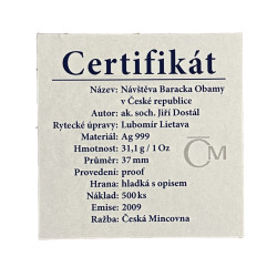 Stříbrná medaile 1 Oz Návštěva Baracka Obamy v České republice 2009 Proof